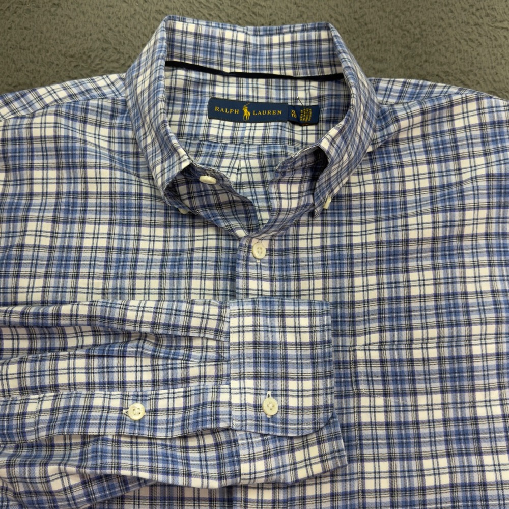 Ralph Lauren Mens XL Blue White Plaid Long Sleeve‎ Button Down Shirt Cotton